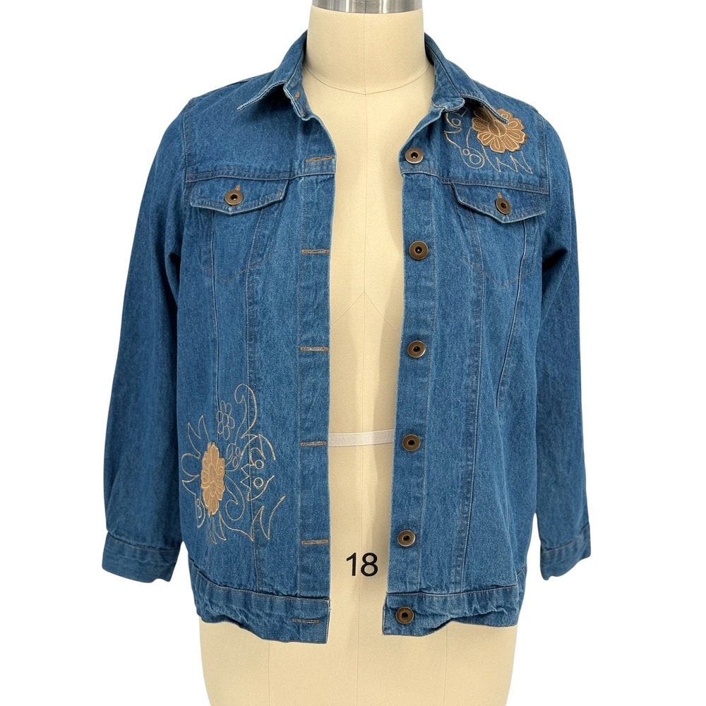 Tantrums Denim Jacket Blue Floral Embroidered 100% Cotton Large
